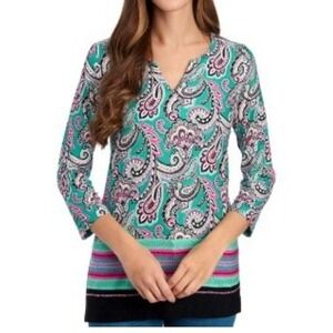NWT Pappagallo Trisha Aqua Paisley Print V-Neck Women's Tunic 3/4‎ Sleeve XL